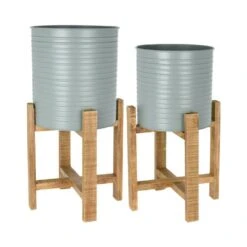 Koopman 58cm Olive Green Steel Planter With Wooden Stand