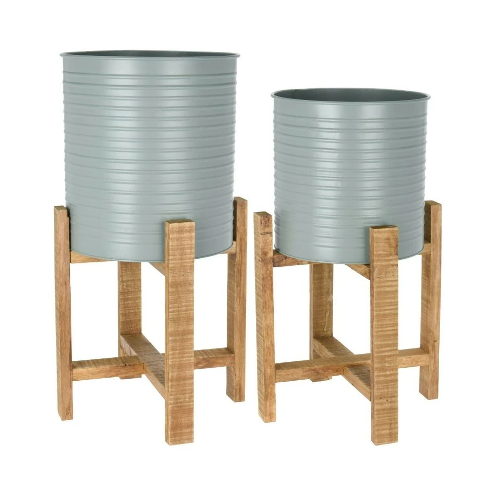 Koopman Olive Green Steel Planter With Wooden Stand 1 Koopman Olive Green Steel Planter With Wooden Stand