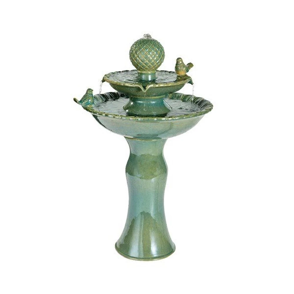 Lumineo 67cm Green Ceramic Two-Tier Bird Basin Water Fountain 1 Lumineo 67cm Green Ceramic Two-Tier Bird Basin Water Fountain